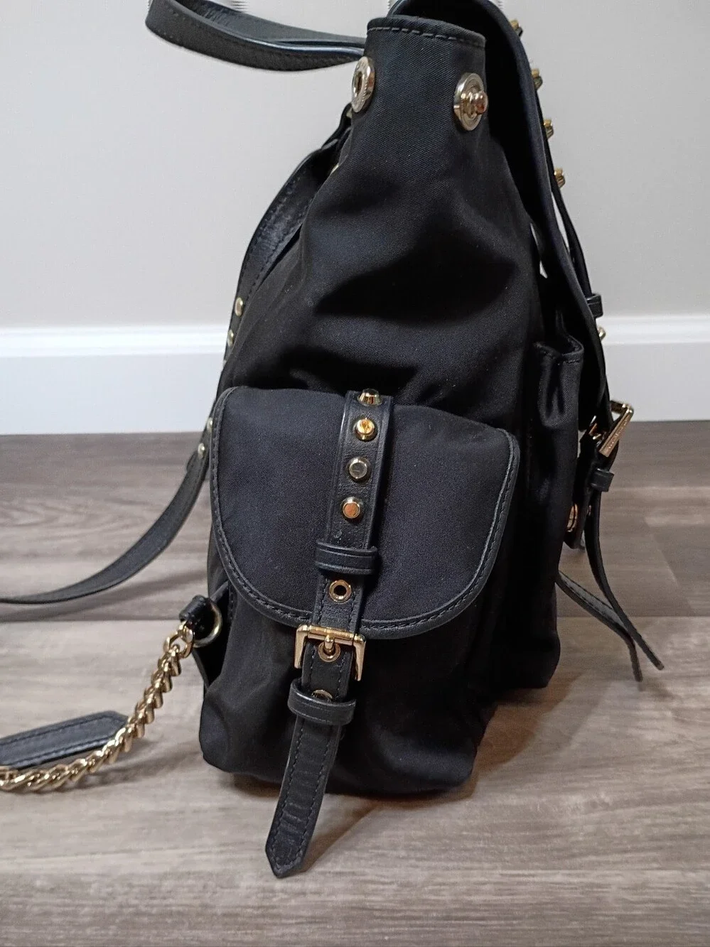 Michael Kors Classic Casual Black Nylon Leather Gold Studded Cargo Backpack‎ Bag